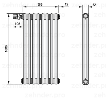 Схема (чертеж) Радиатор Zehnder Charleston 2180/8 №V012 Technoline TL
